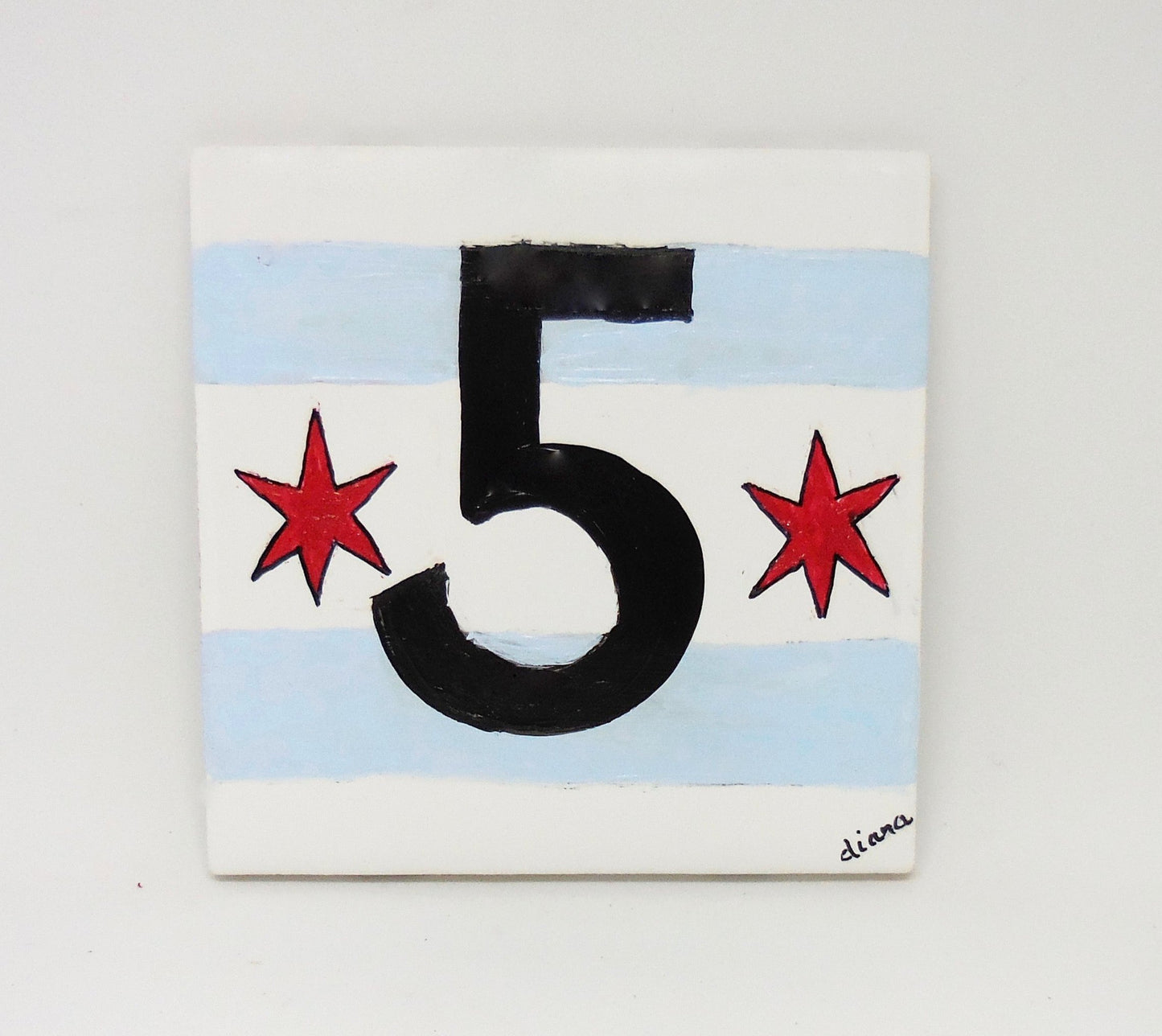 hand painted ceramic tile with address number and stars and stripes pattern