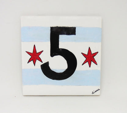 hand painted ceramic tile with address number and stars and stripes pattern