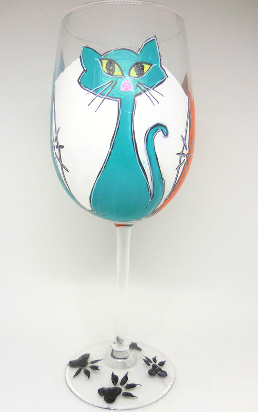 Wine Glass with Turquoise Art Deco Cat Design