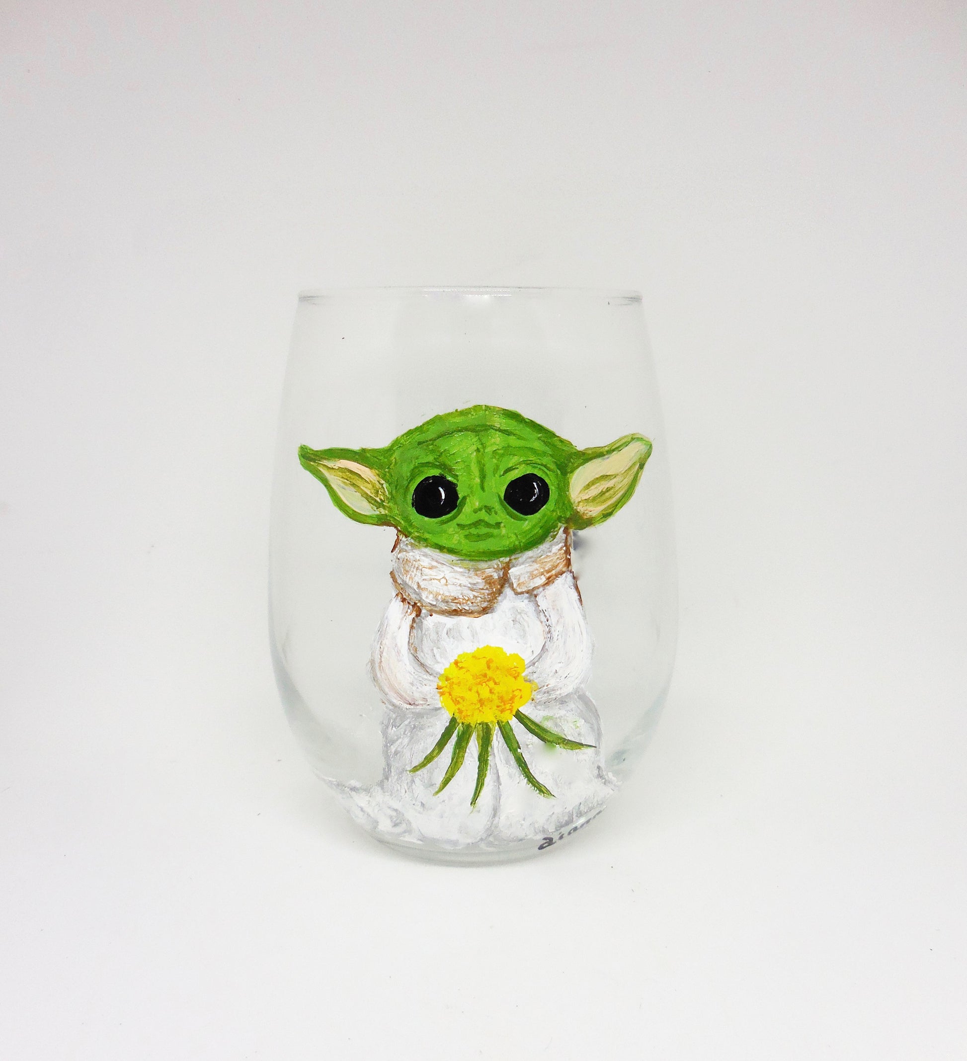 stemless wine glass with baby yoda bride design