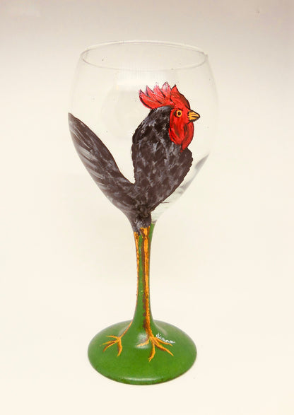 wine glass with black rooster