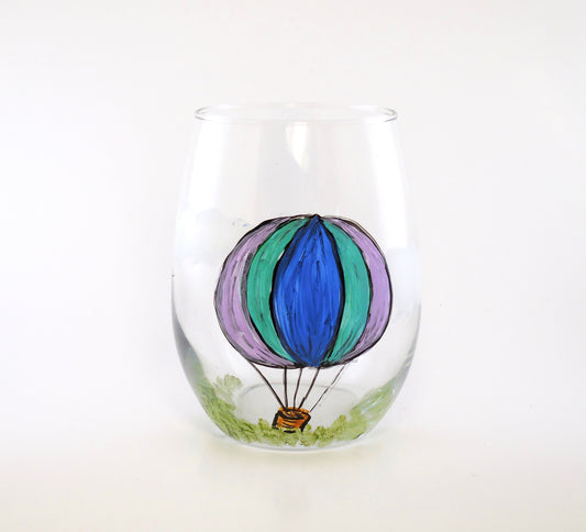 stemless wine glass with hot air balloon