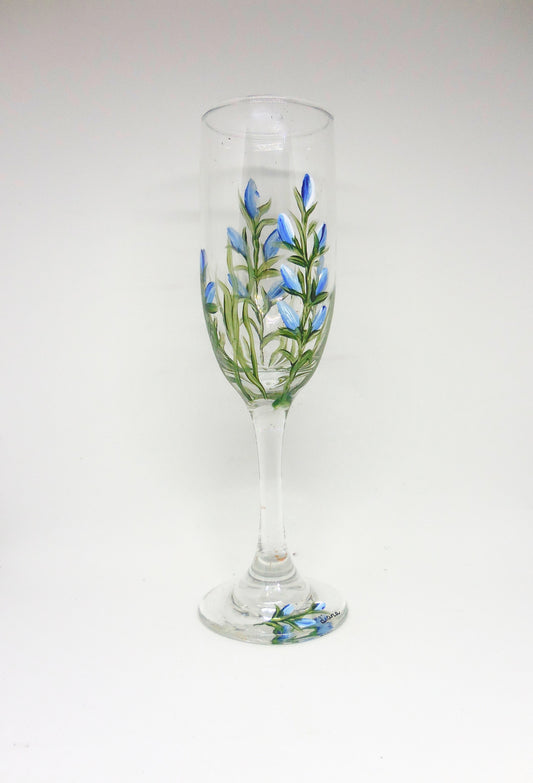 champagne glass with bluebonnets design