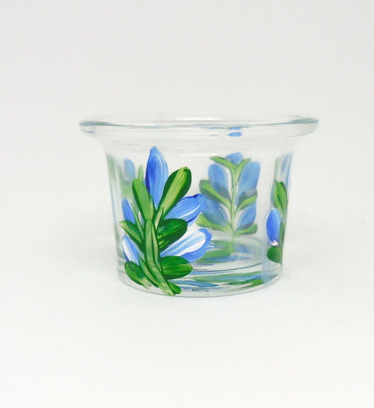 votive candle holder with bluebonnets design