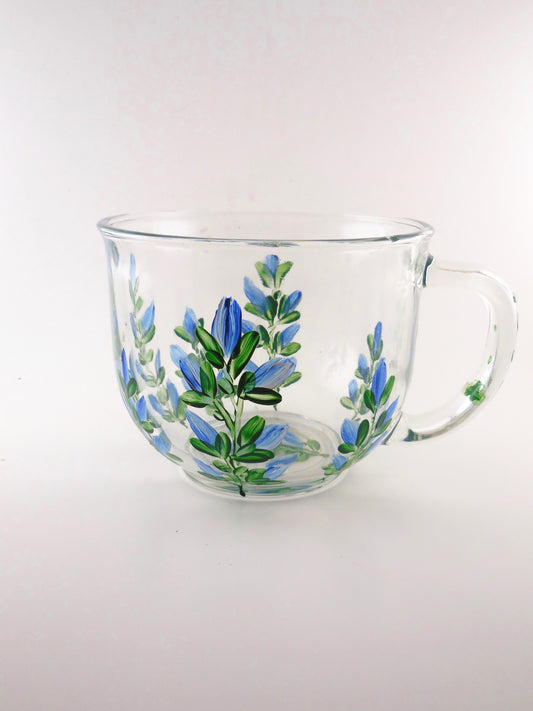 glass tea cup with bluebonnets design