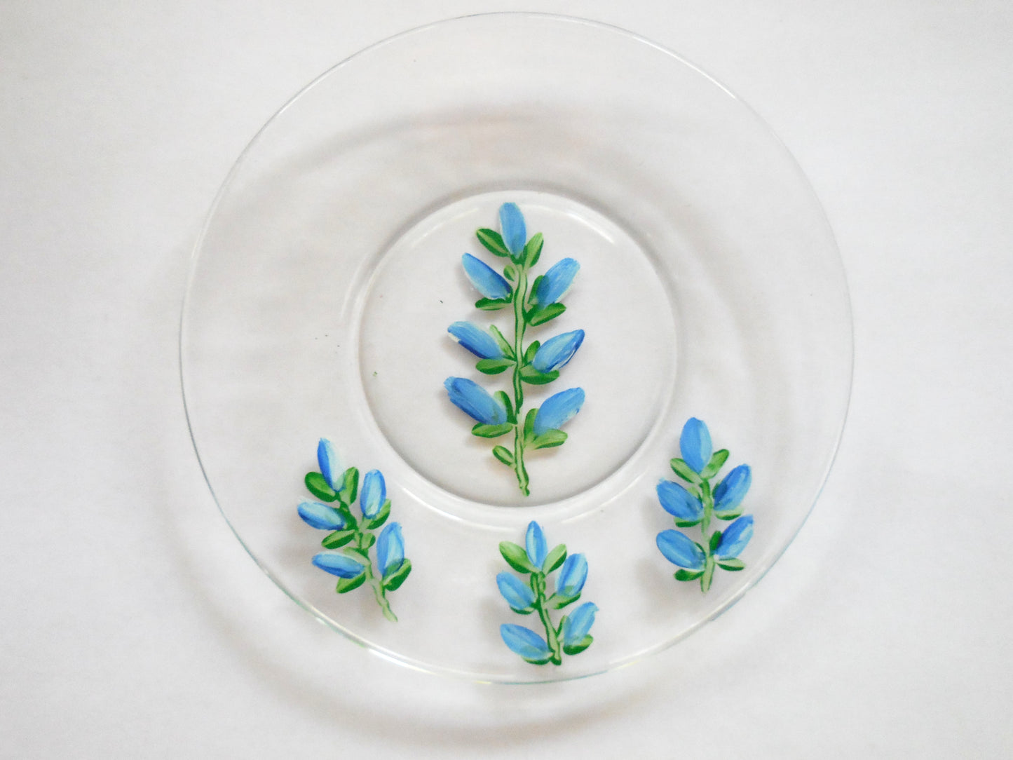 glass saucer plate with bluebonnets design