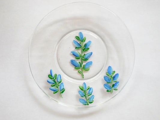 glass saucer plate with bluebonnets design