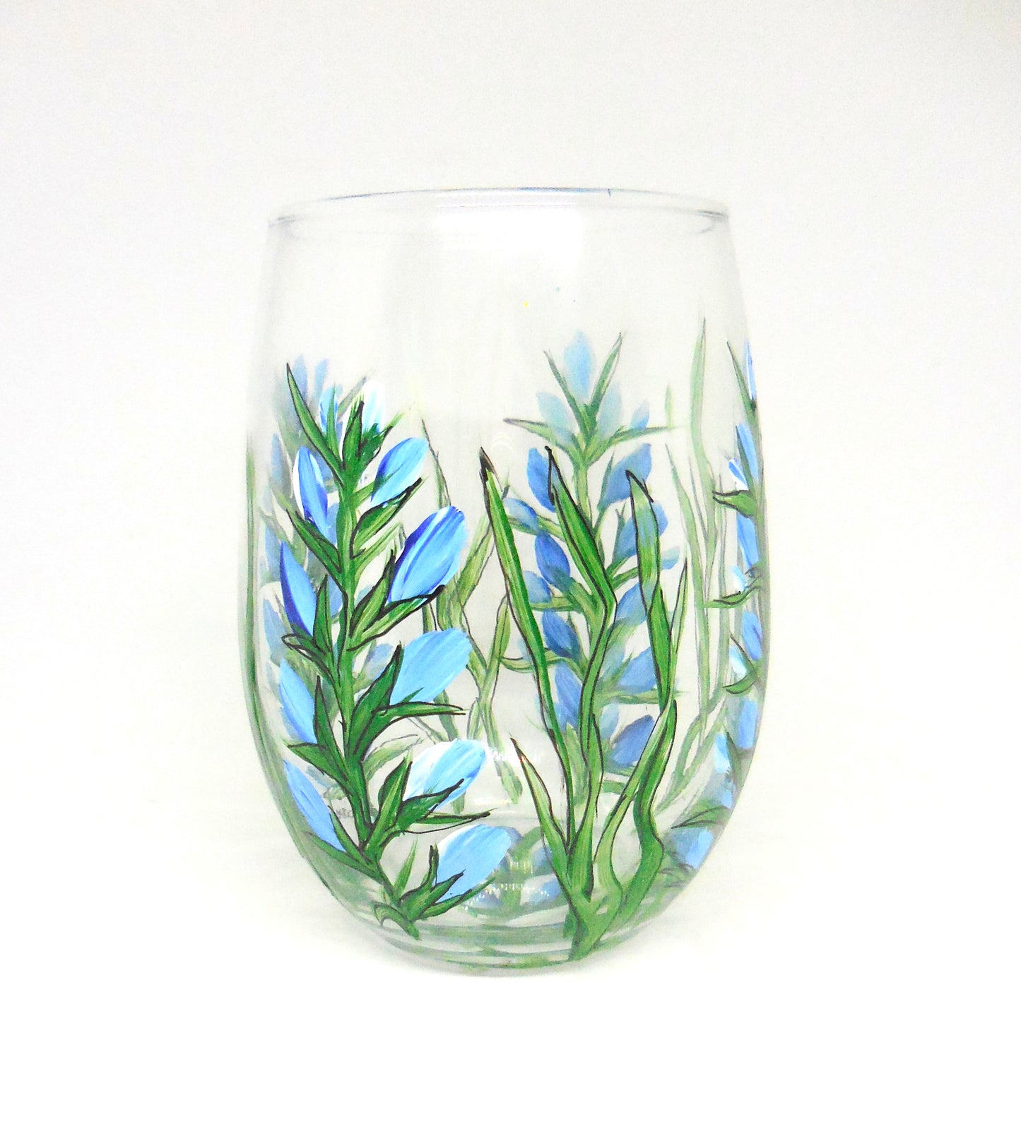 stemless wine glass with bluebonnets design