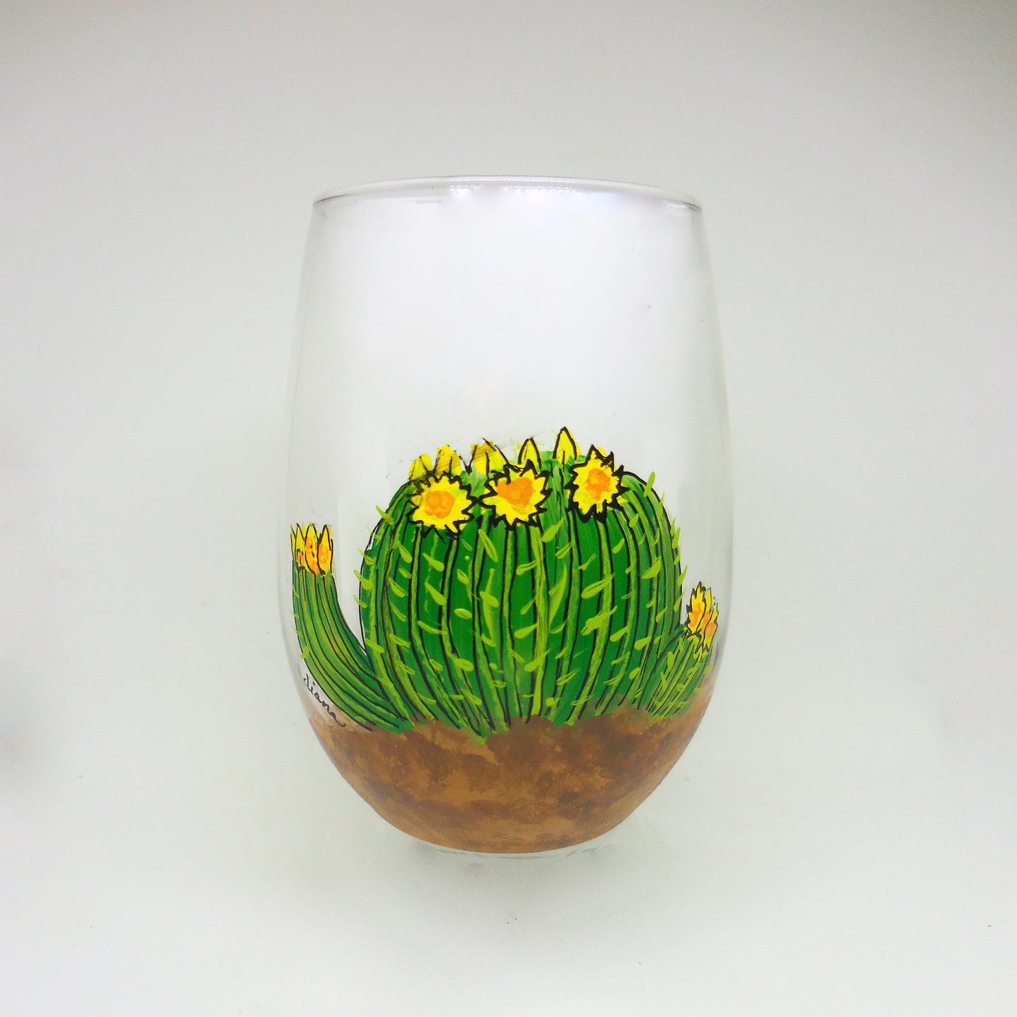 stemless wineglass with cactus design