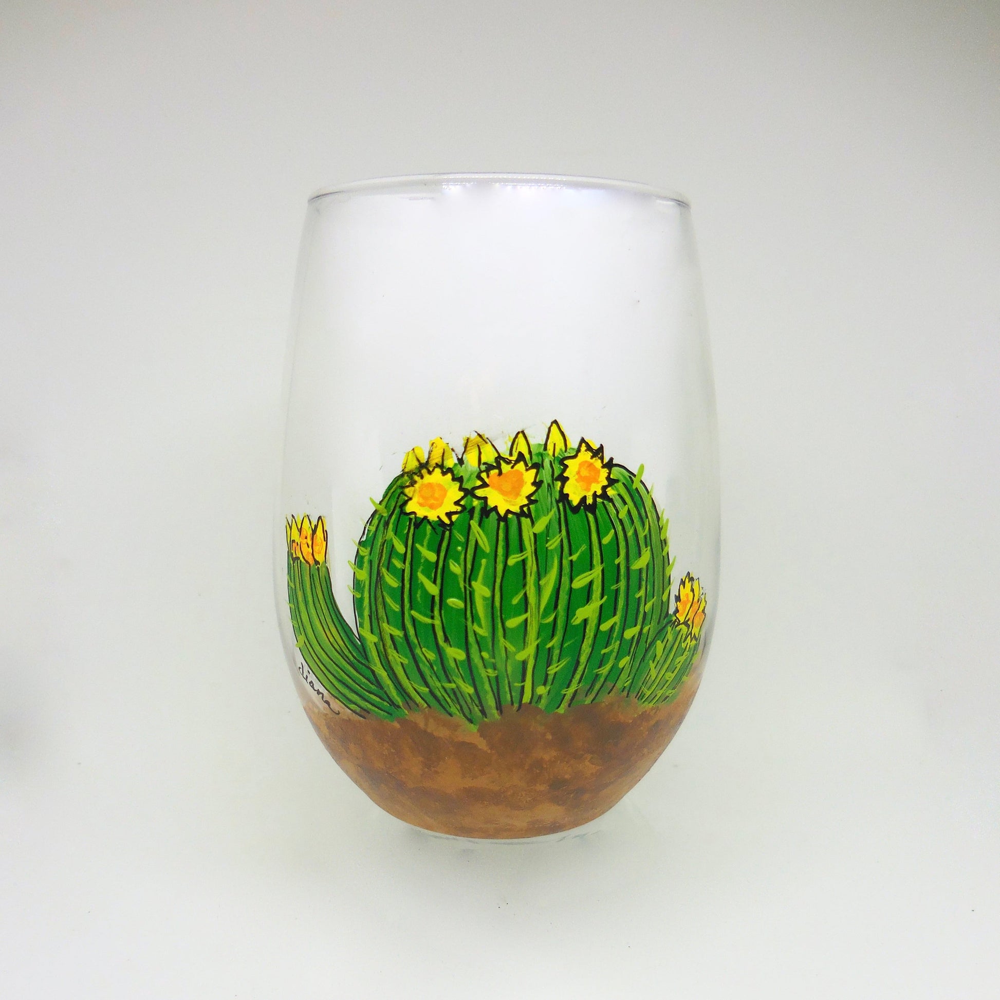 stemless wineglass with cactus design