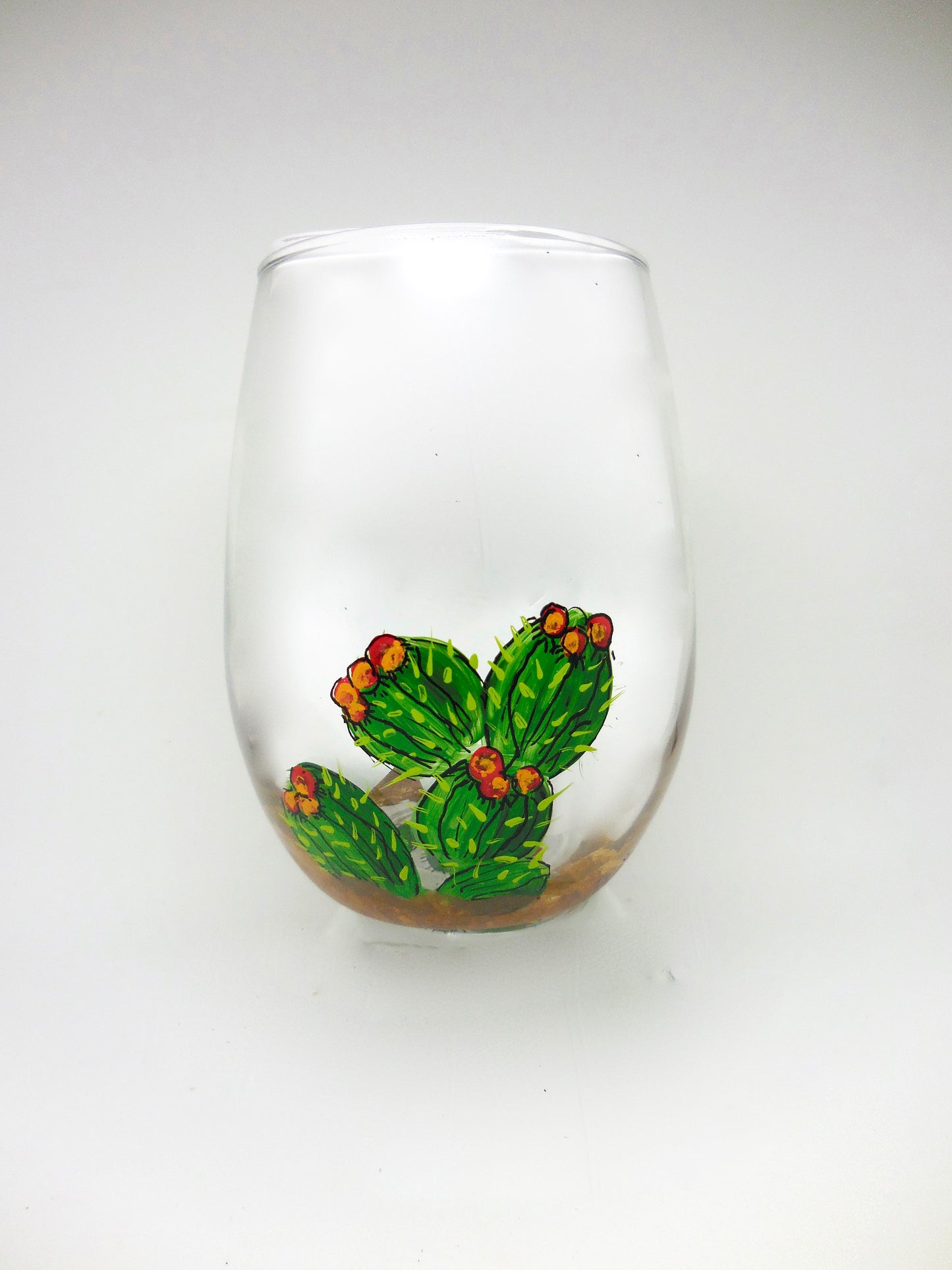 stemless wine glass with cactus design