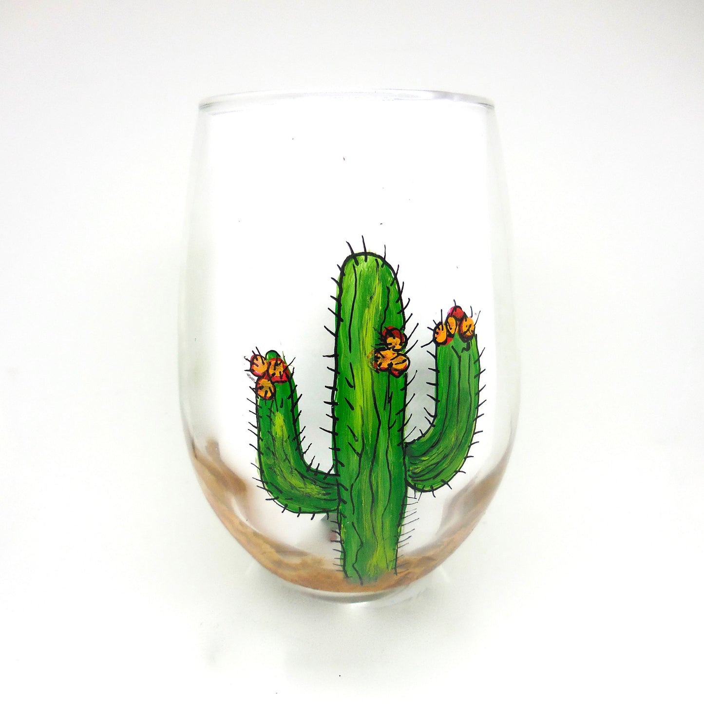 stemless wine glass with cactus