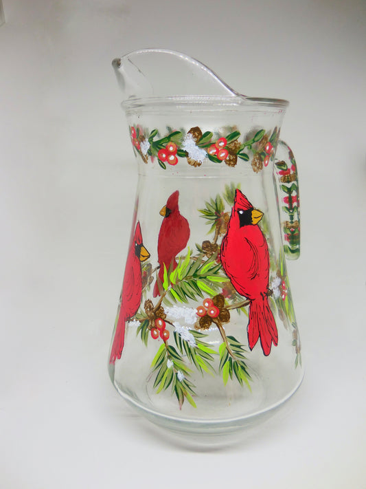 glass pitcher with cardinals