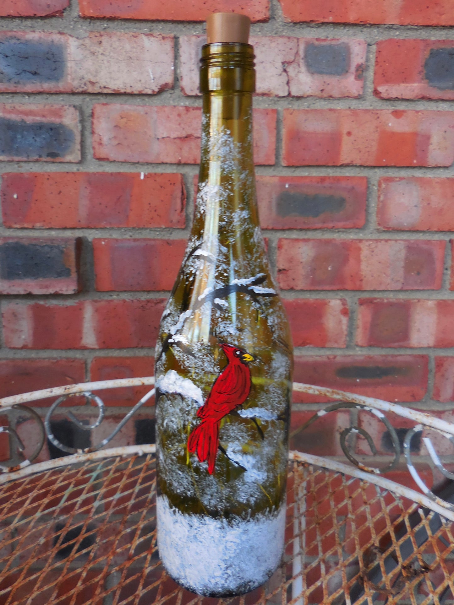 Cardinal in the Snow Wine Bottle with Lights