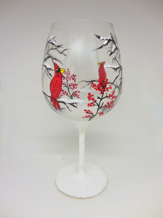 Cardinals in the Snow Wine Glass