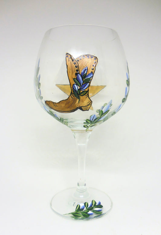 Wine Glass with Cowboy Boot and Bluebonnets