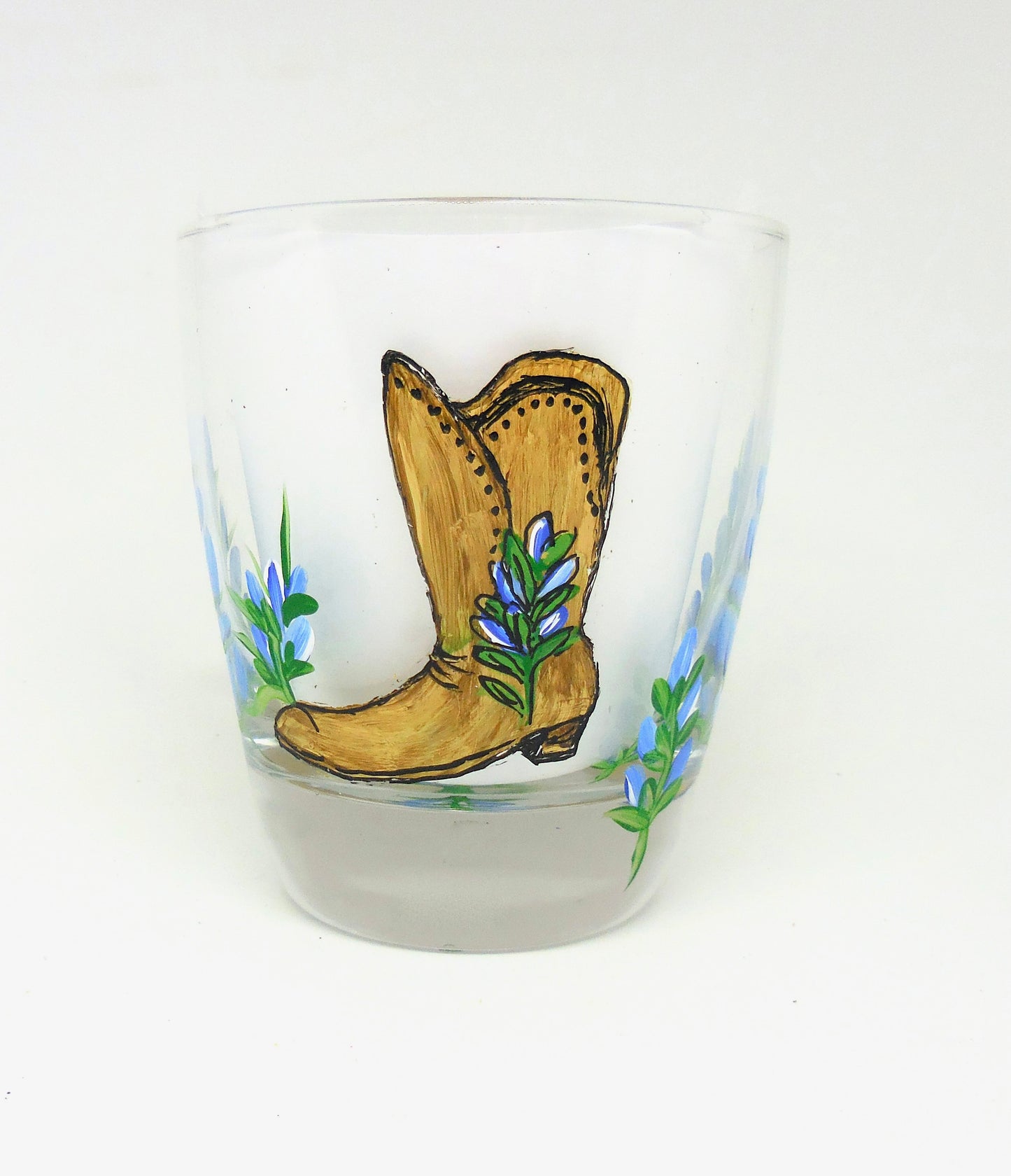 tumbler with cowboy boot and bluebonnets