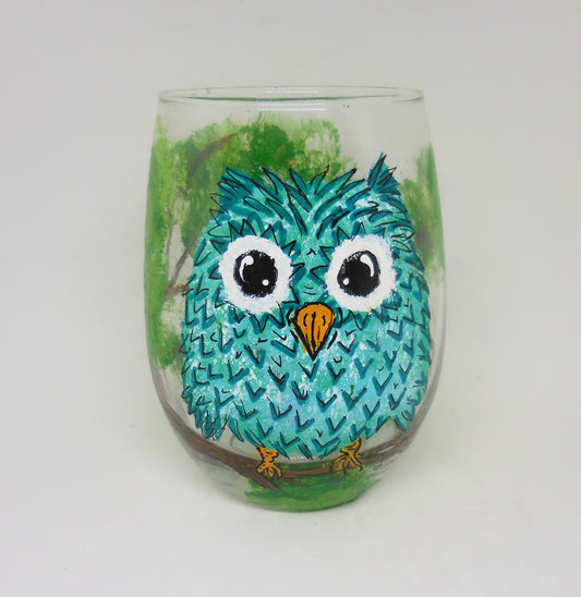 Teal Owl Stemless Wine Glass