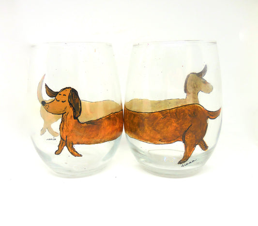 two tumbler glasses with weiner dog design