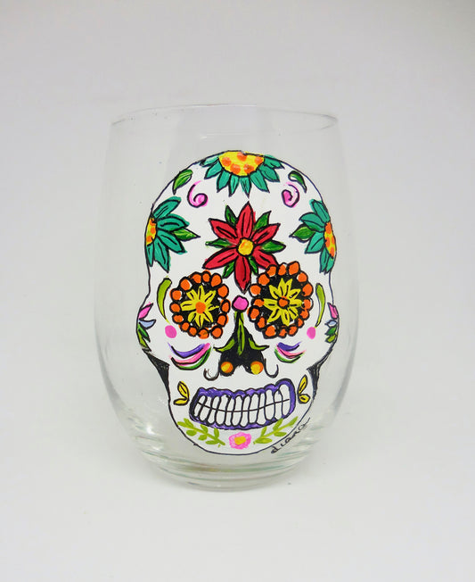 stemless wine glass with day of the dead design