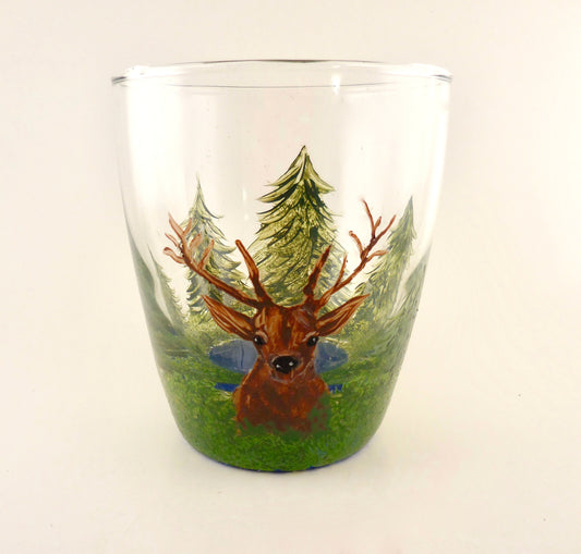 tumbler glass with deer in forest design