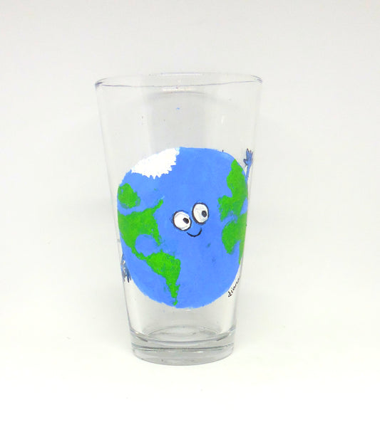 tall glass with cartoon earth design