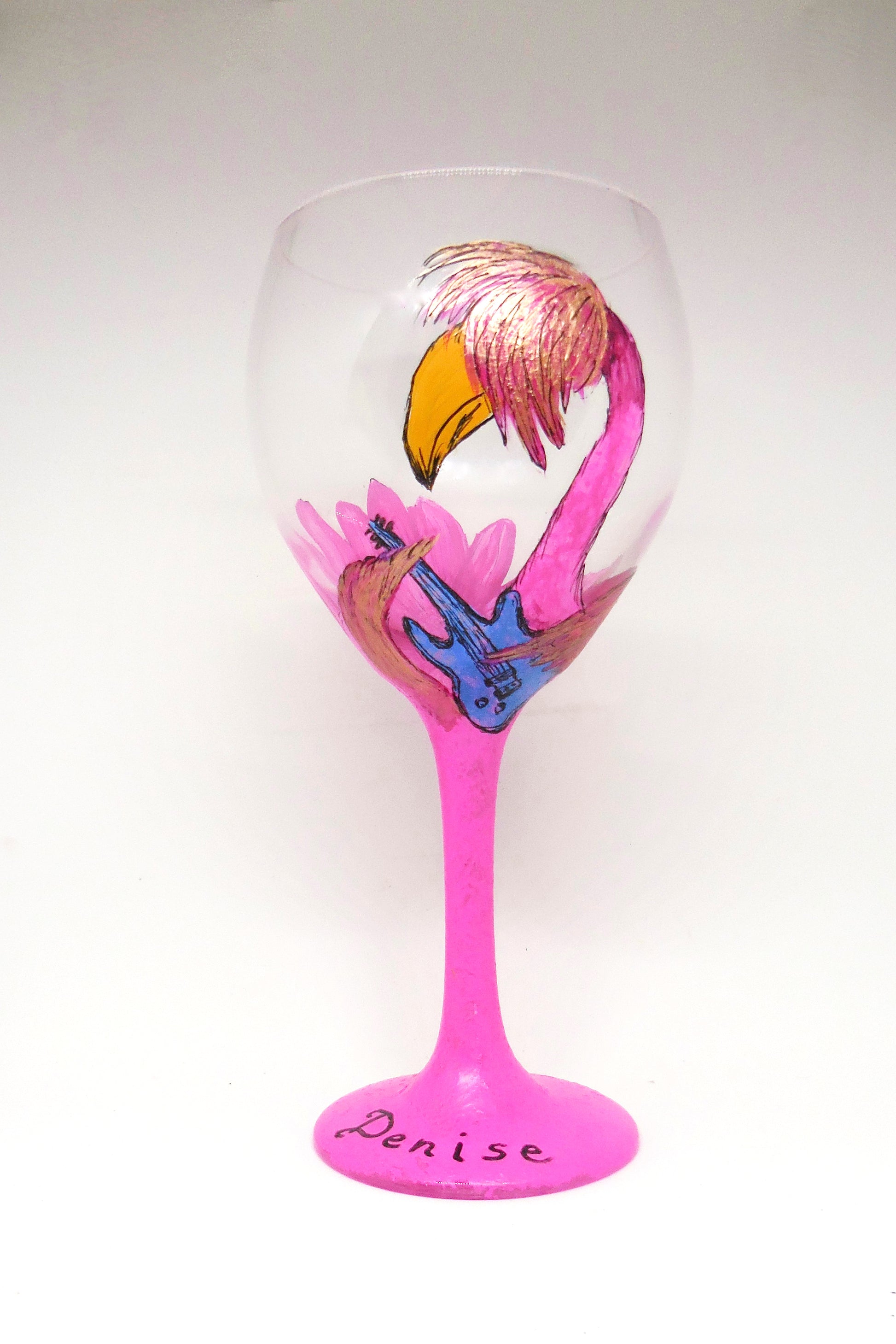 wine glass with flamingo playing guitar