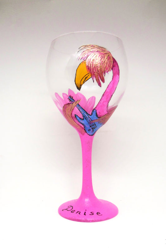 wine glass with flamingo playing guitar