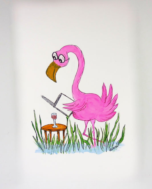 flamingo reading a book design on notecard