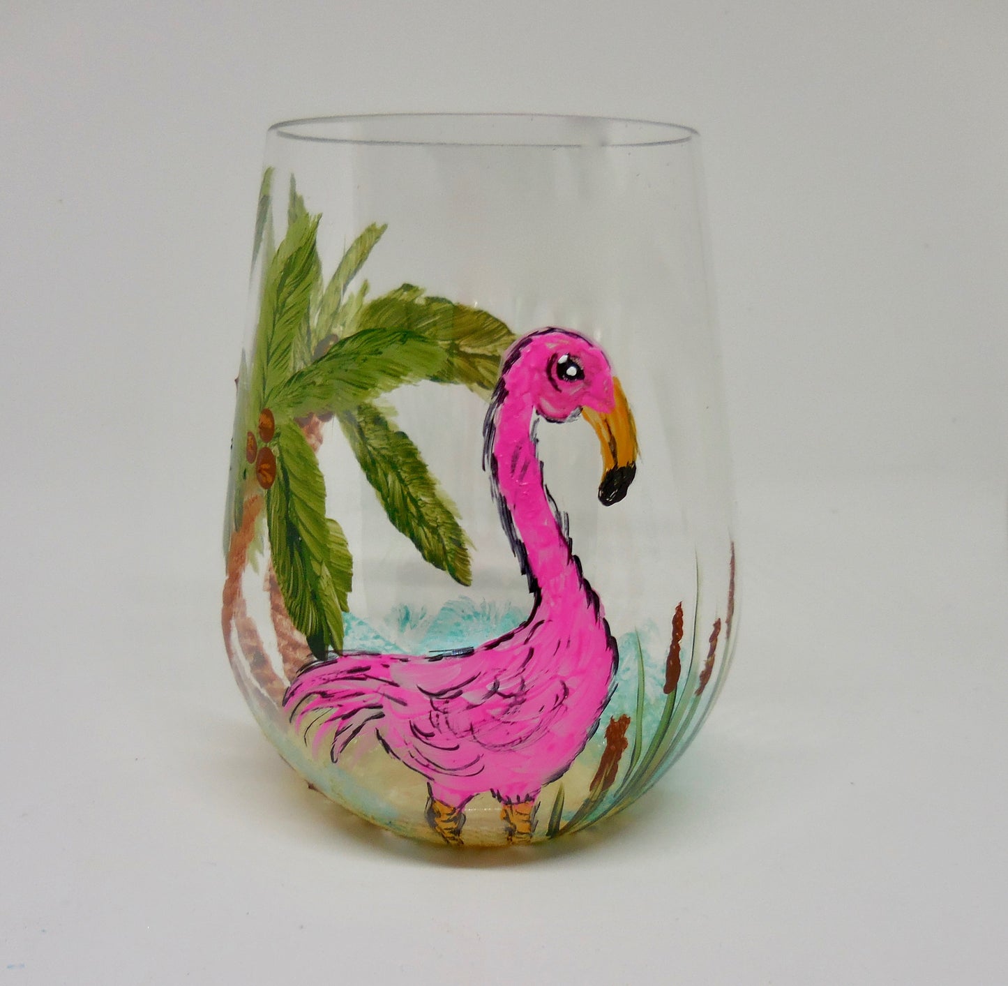 stemless wine glass with flamingo design