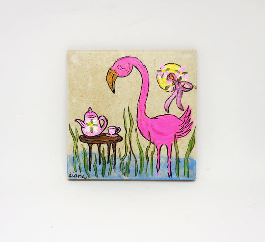 Ceramic Tile featuring a Flamingo Having Tea