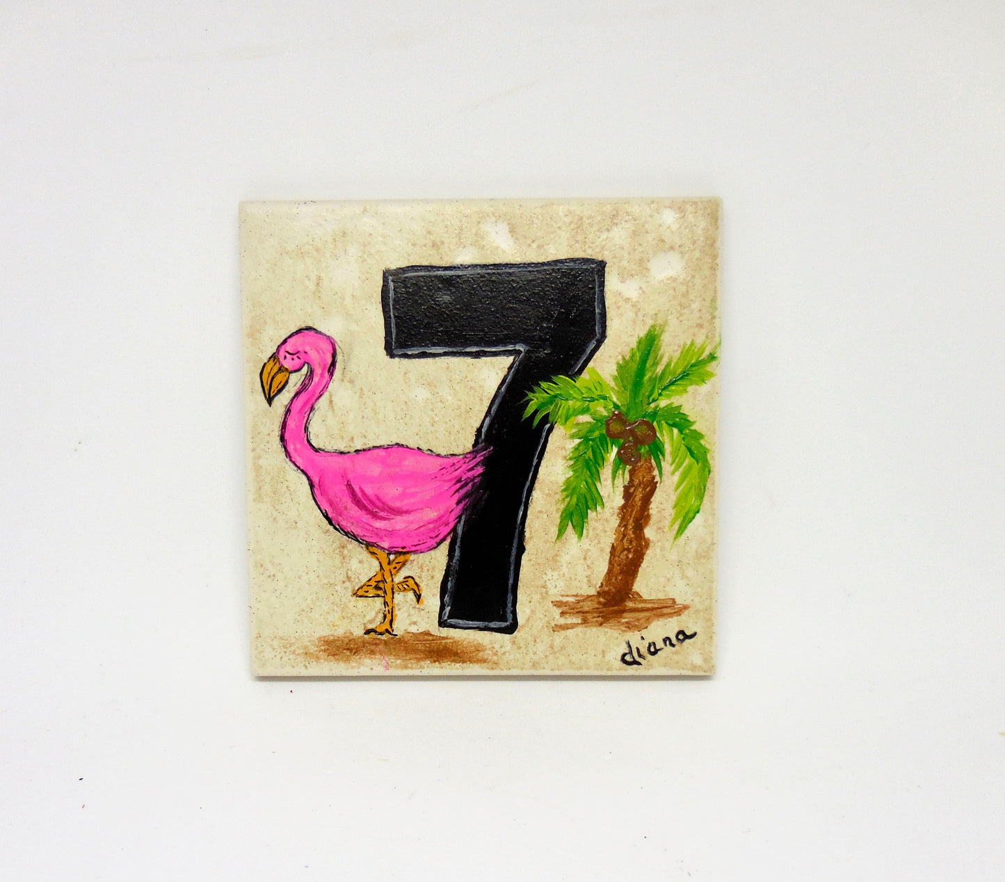 address number tile with flamingo and coconut tree