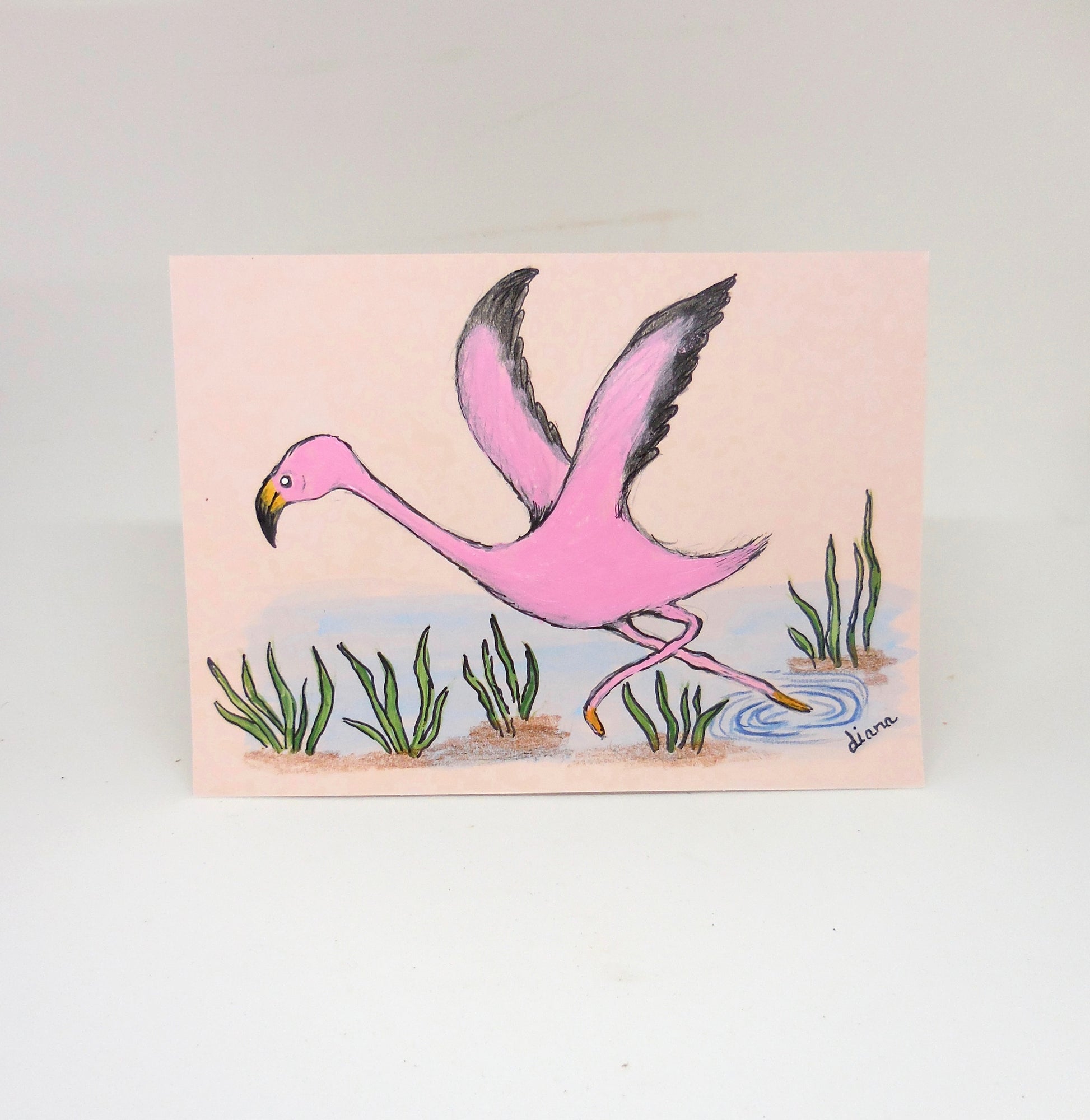 notecard with flamingo taking flight