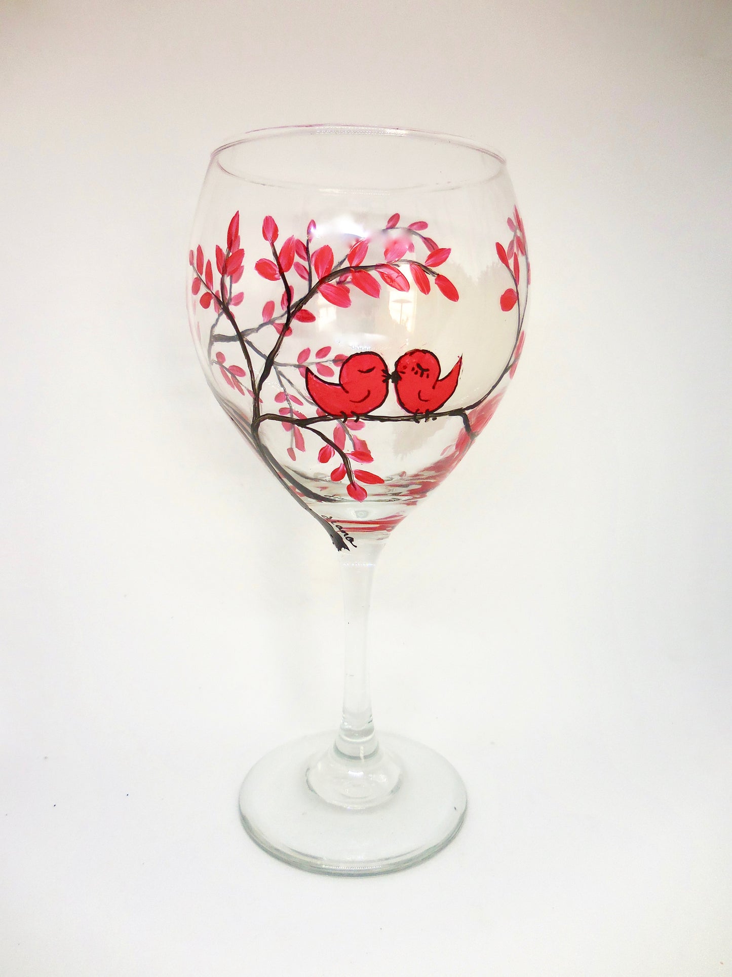 Wine Glass with Red Birds in Cherry Tree