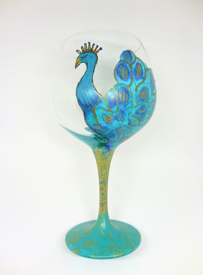 Blue Green Peacock Wine Glass