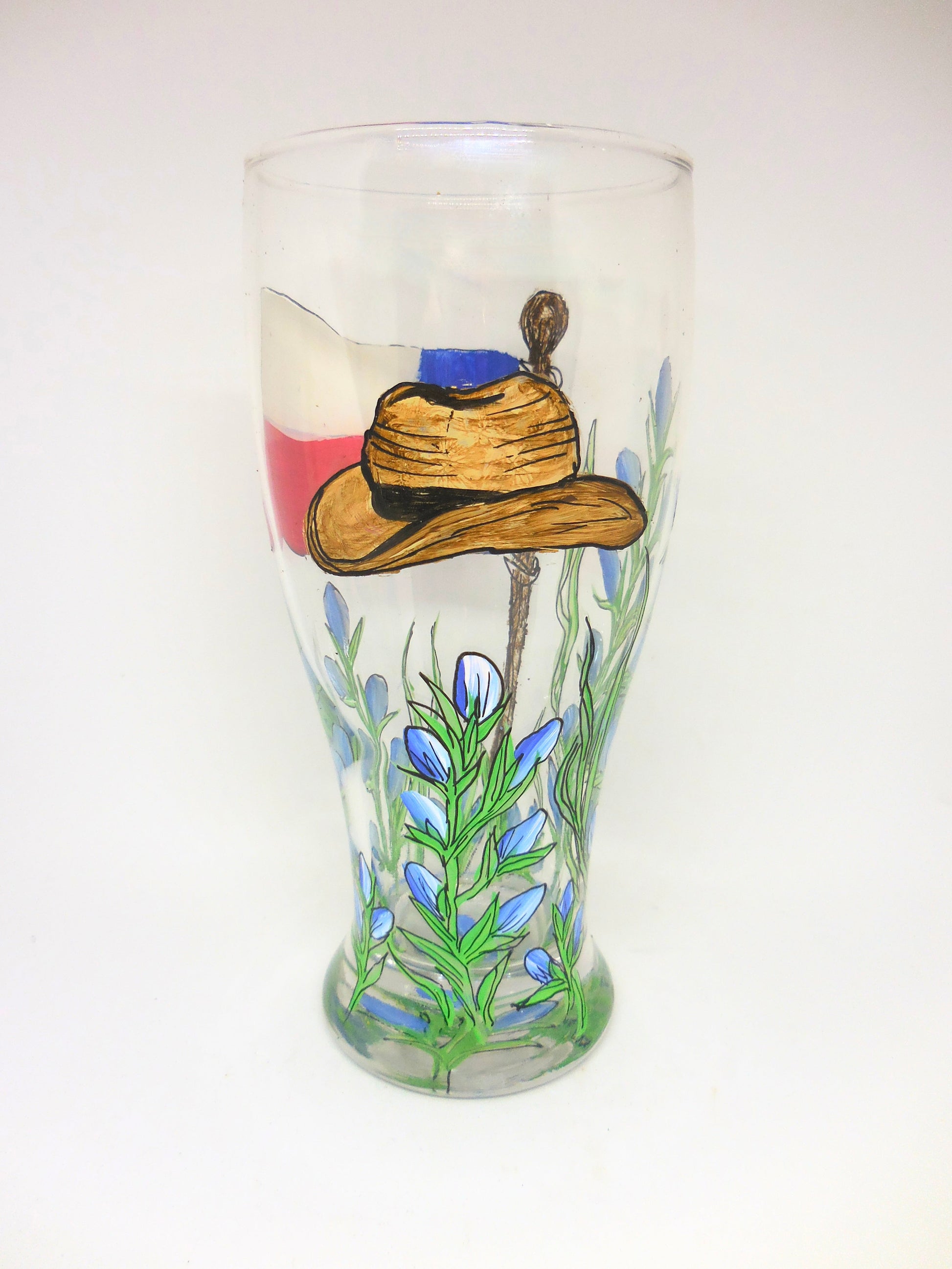 beer glass with bluebonnets and cowboy hat design