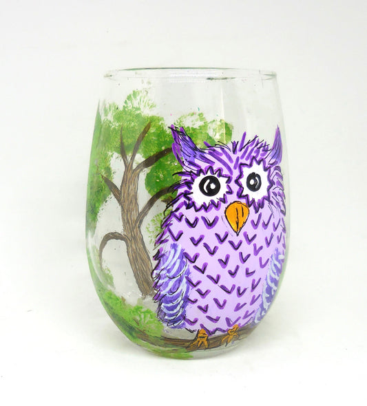 stemless wine glass with purple owl