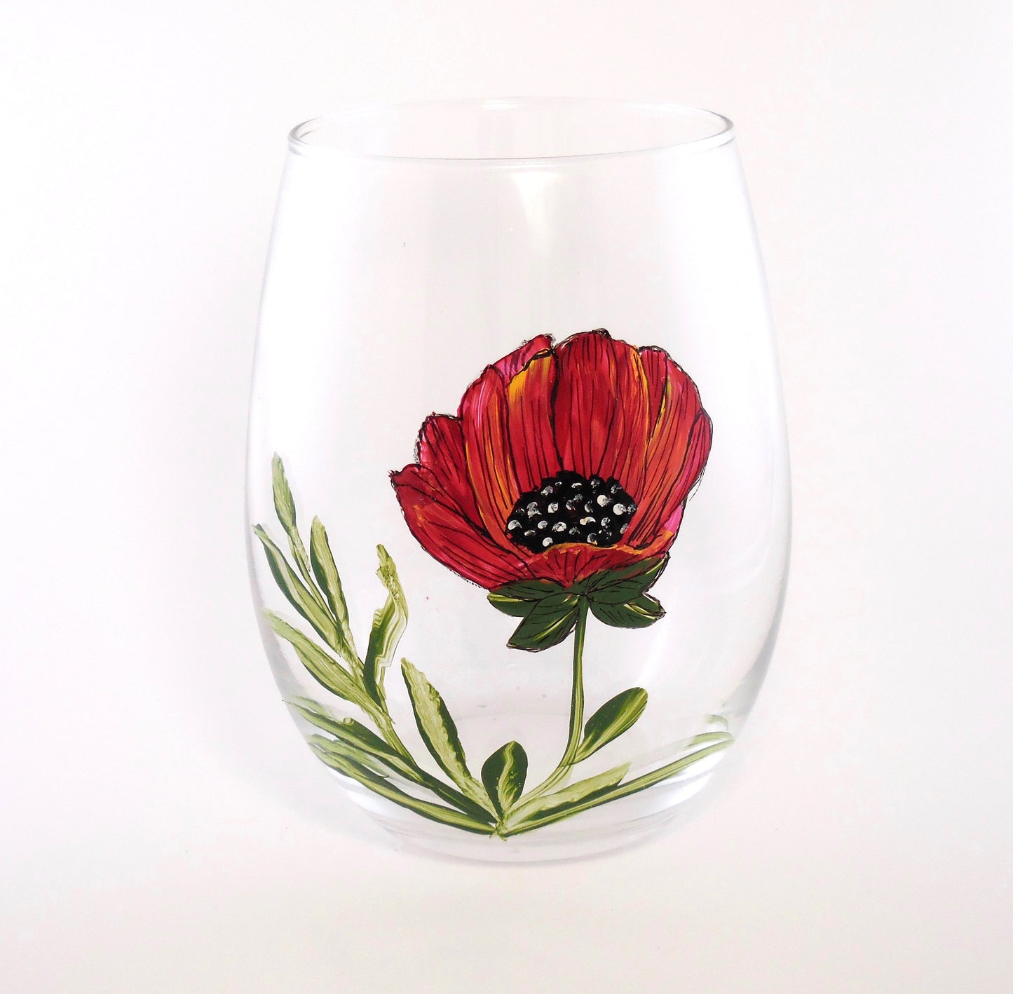 Red Poppy Stemless Wine Glass