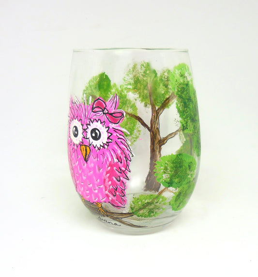 Pink Owl Stemless Wine Glass