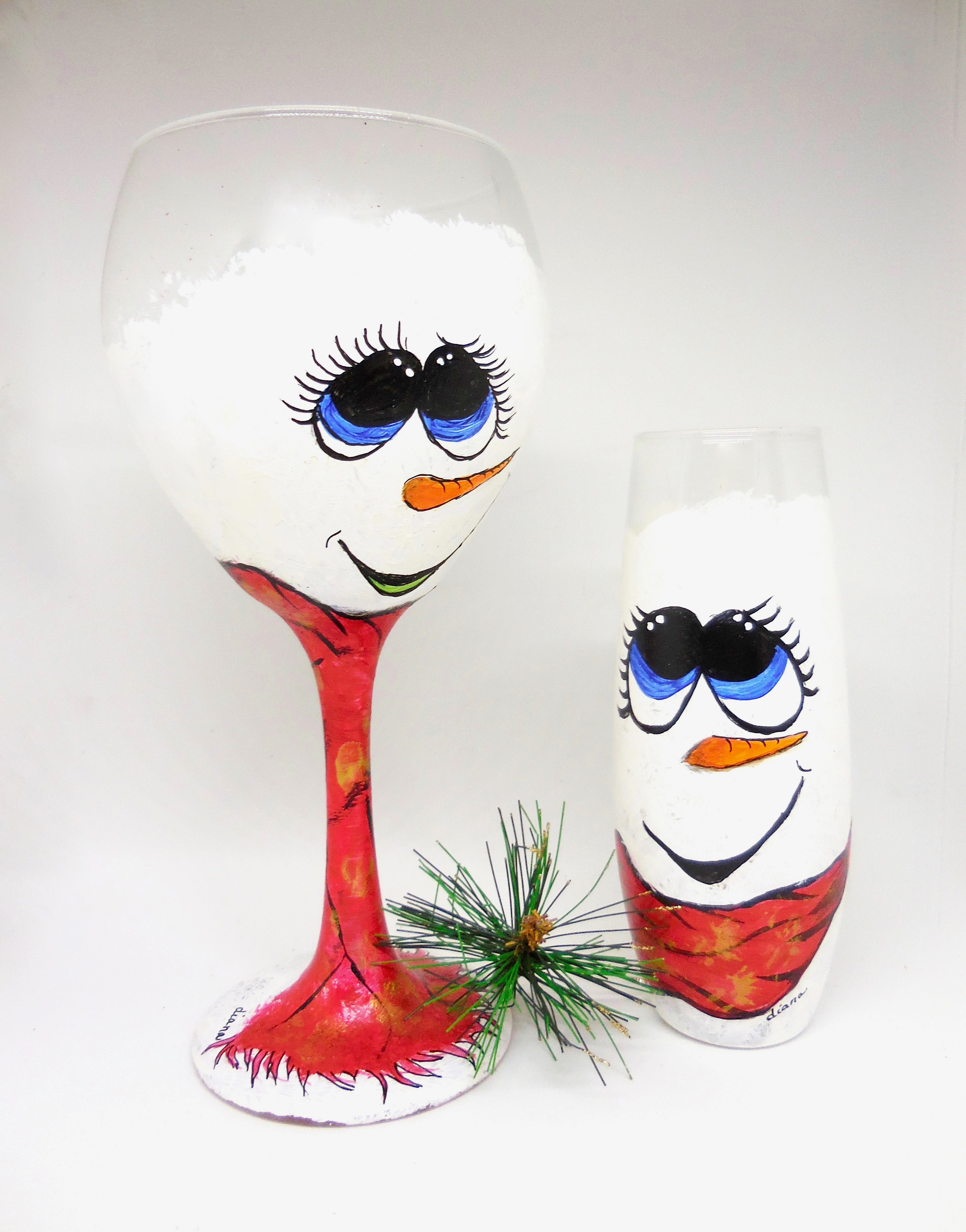 Handpainted Snowman shops Wine Glasses